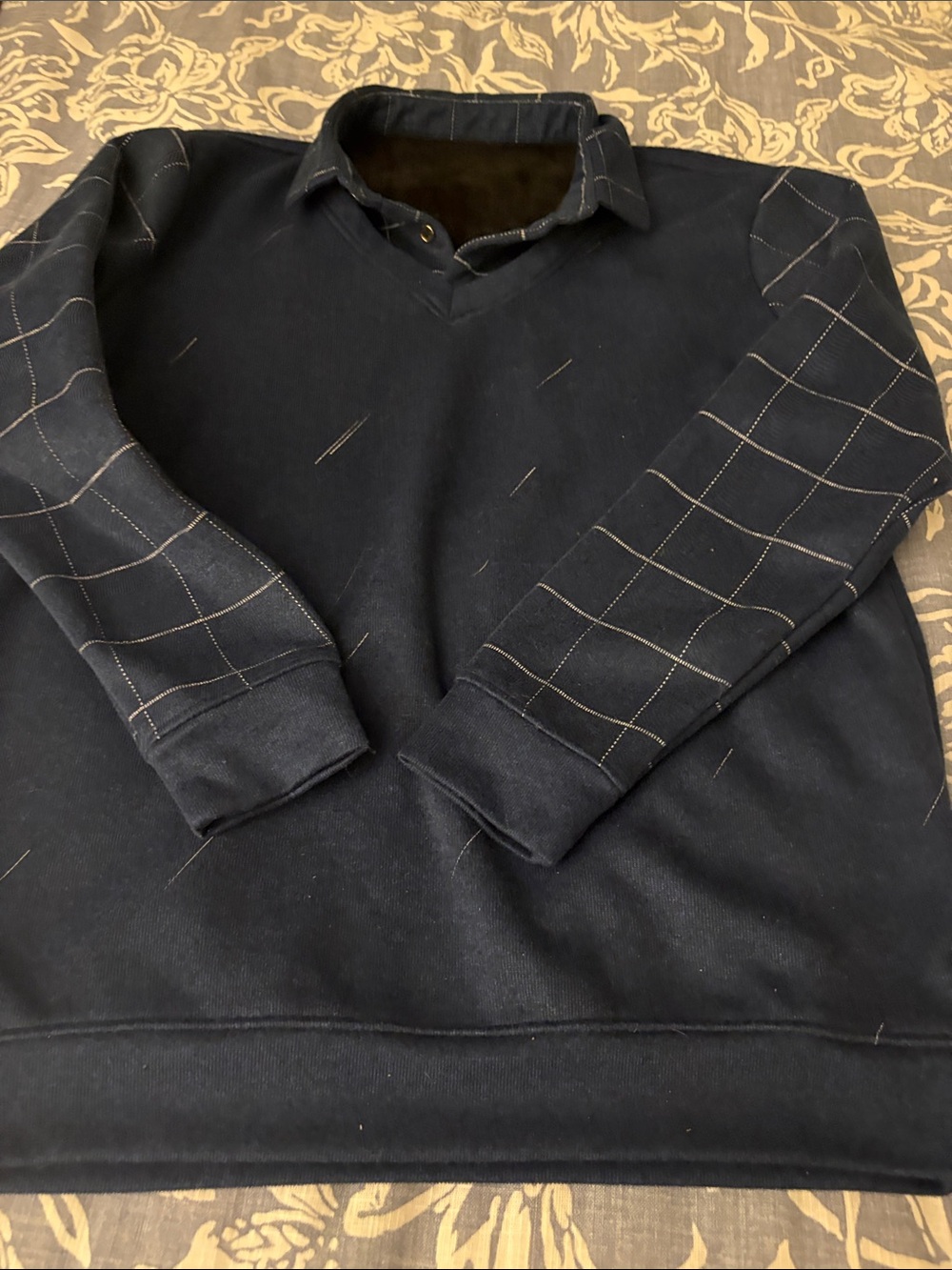 Men's Navy Pullover Sweater with Checked Sleeves with fleece lining  large